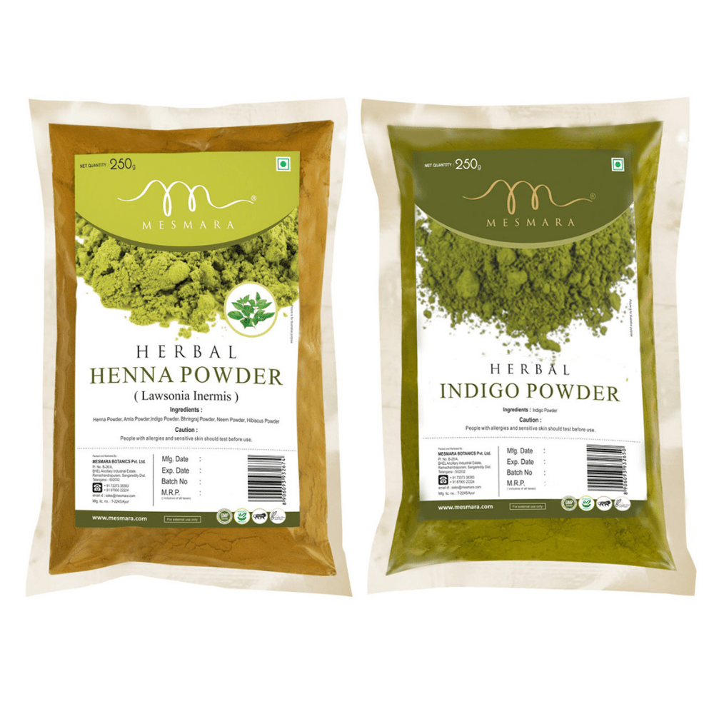 Mesmara 100% Natural and Pure Herbal Henna Powder and Indigo Powder (250g + 250g) - Mesmara